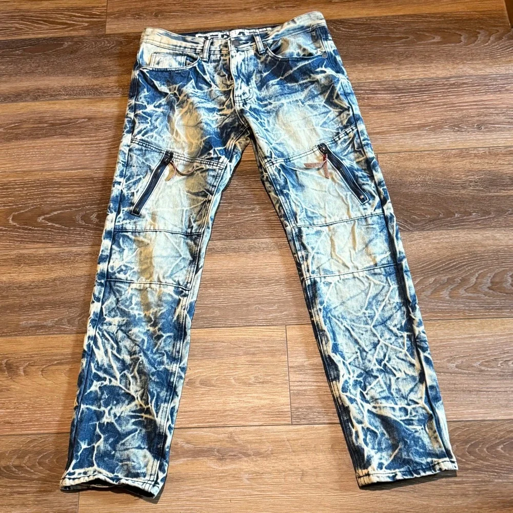Red Ape Vintage Mens Acid Wash Moto Jeans Crinkle Zipper Detail Streetwear 32x30